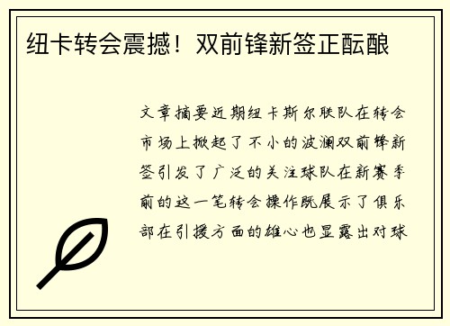 纽卡转会震撼！双前锋新签正酝酿