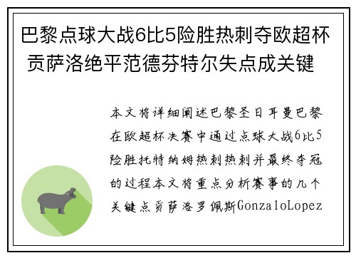 巴黎点球大战6比5险胜热刺夺欧超杯 贡萨洛绝平范德芬特尔失点成关键