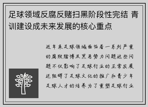 足球领域反腐反赌扫黑阶段性完结 青训建设成未来发展的核心重点